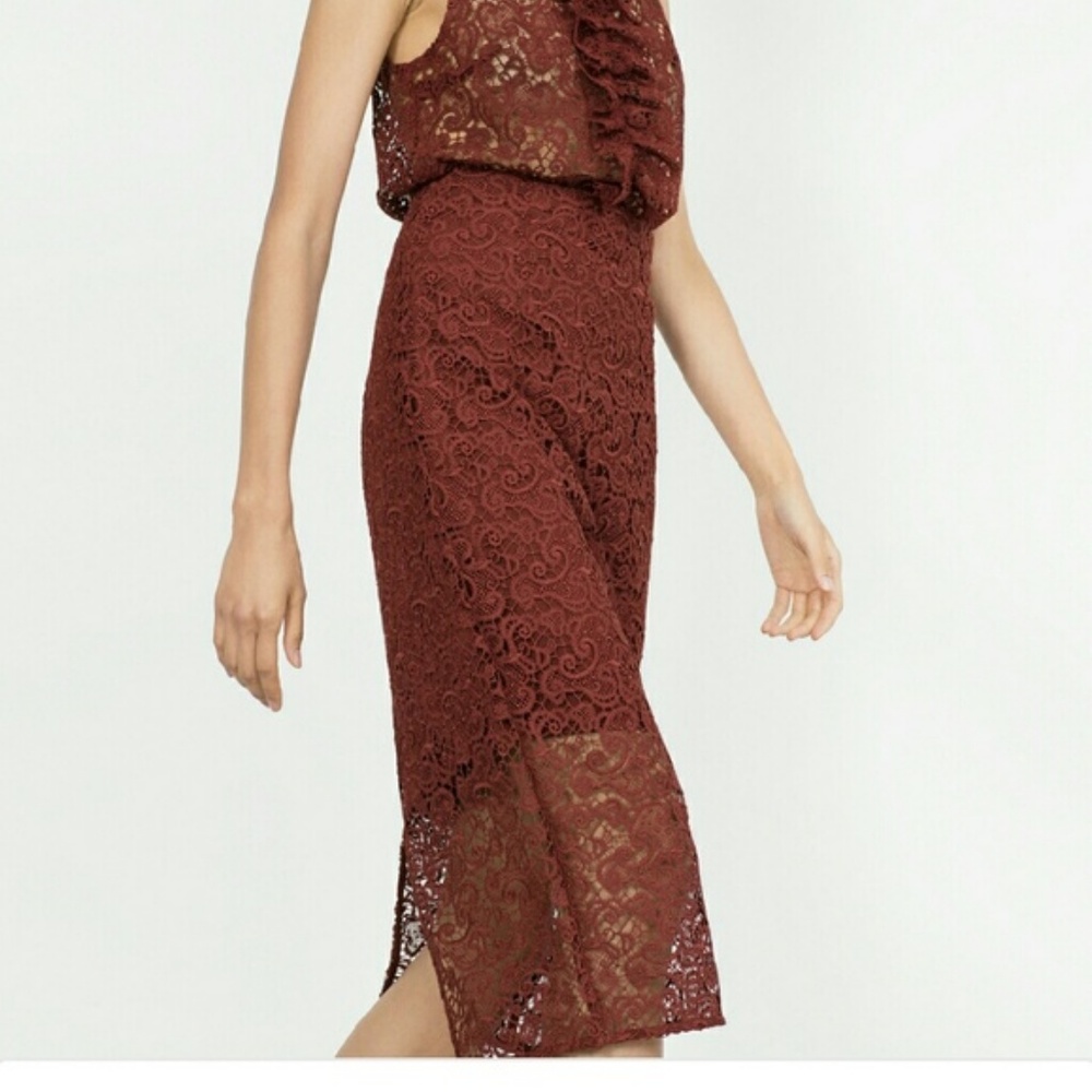 Zara Red Lace Midi Skirt w/ Slit